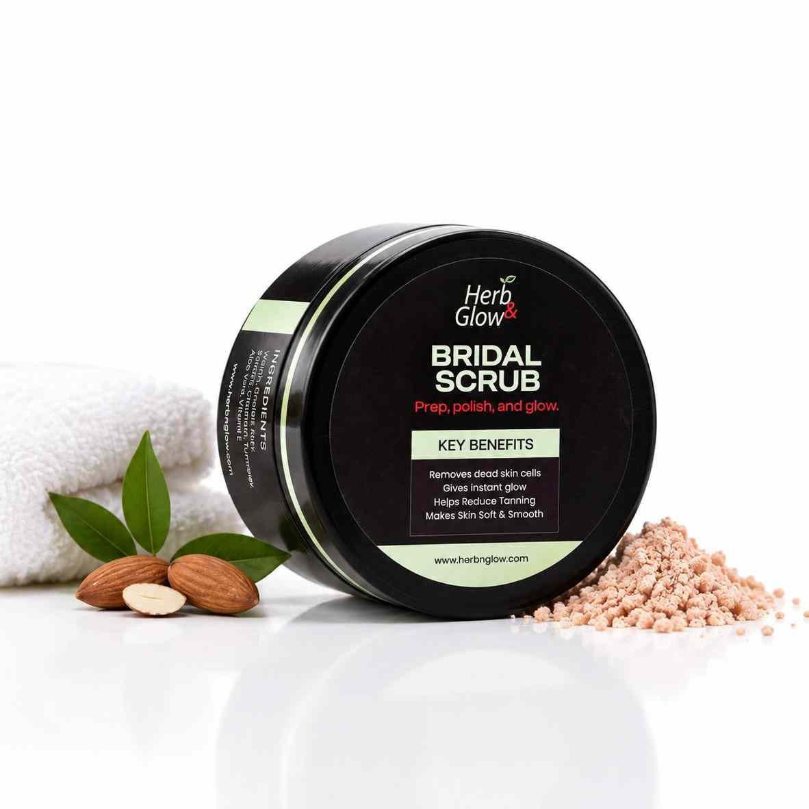 Bridal Glow Scrub jar with almonds and natural scrub granules – Herb & Glow