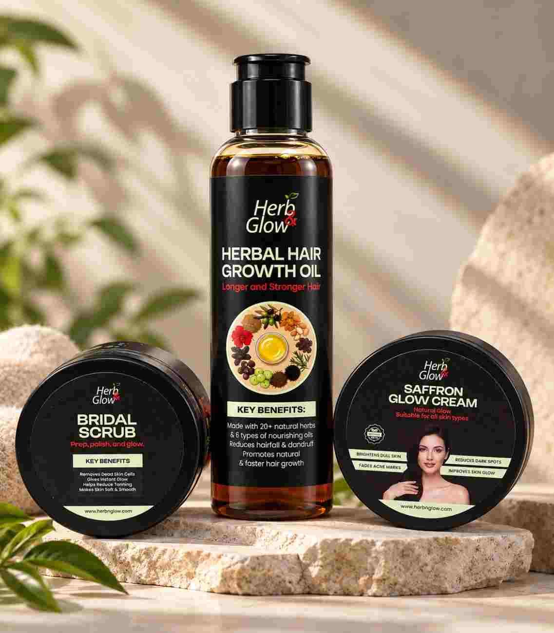Glow and Grow Bundle – herbal hair oil, bridal scrub and saffron cream set by Herb & Glow