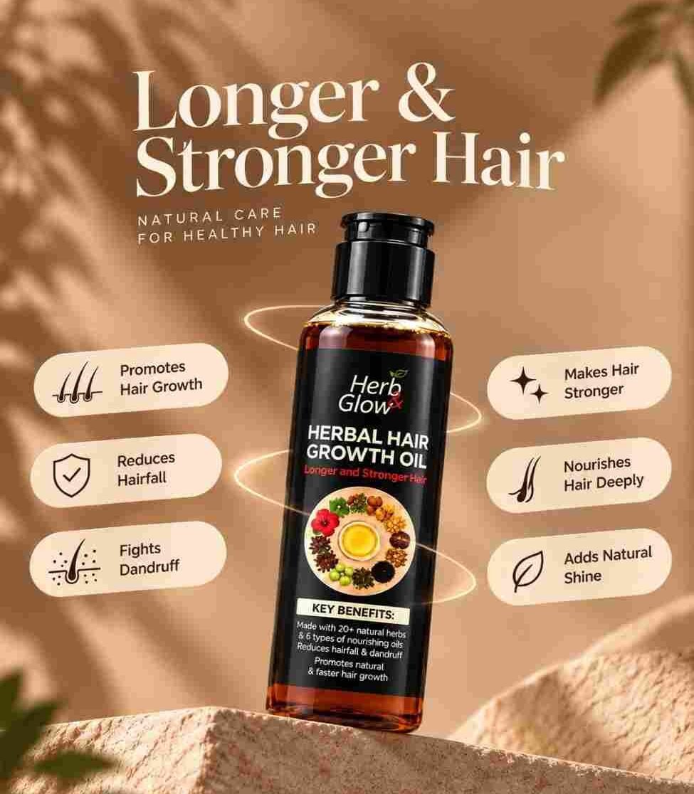 Longer and stronger hair – Herbal Hair Growth Oil benefits infographic by Herb & Glow