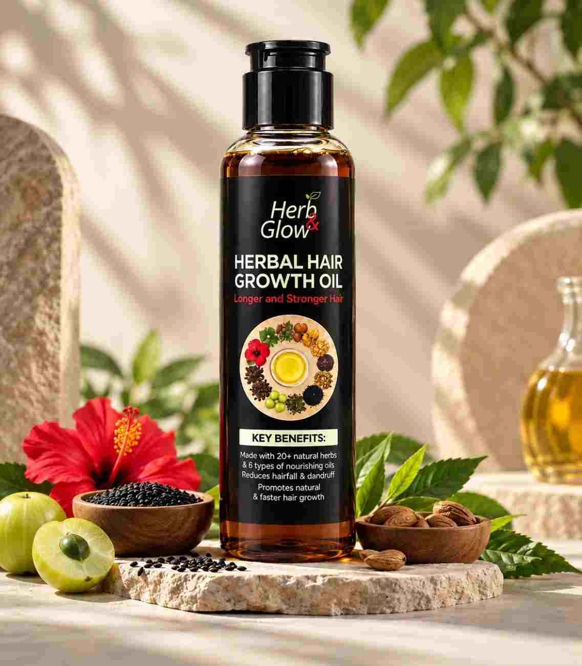 Herbal Hair Growth Oil (180ml) bottle with natural herbs – Herb & Glow