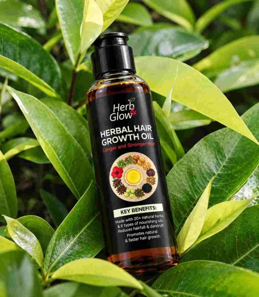 Herbal Hair Growth Oil bottle among fresh green leaves – Herb & Glow