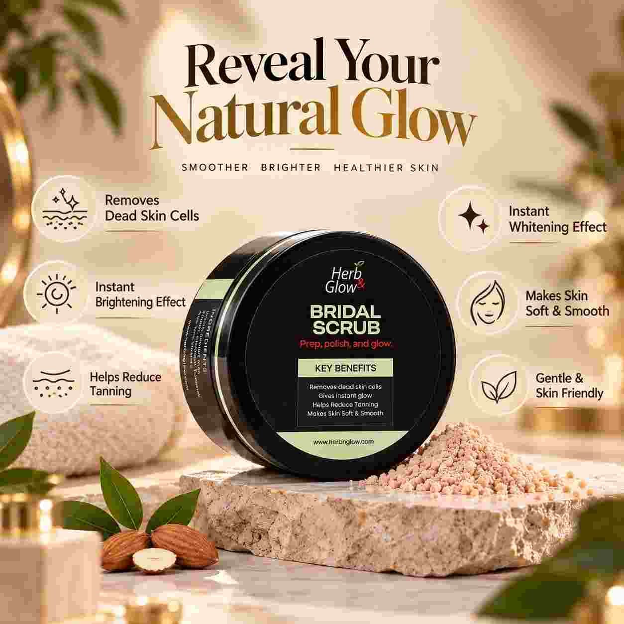 Bridal Glow Scrub jar for revealing natural glow – herbal face scrub by Herb & Glow