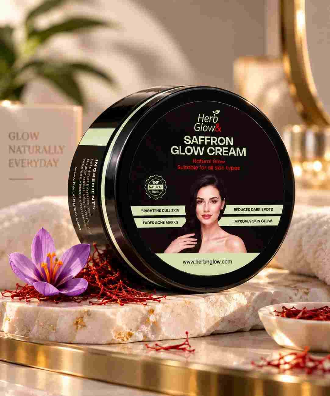 Saffron Glow Cream jar with saffron flower and strands – herbal whitening cream by Herb & Glow